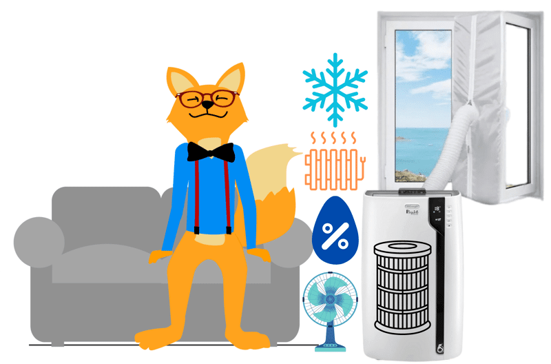 Der Smart-Home-Fox sitzt auf der Couch und neben ihm steht eine mobile Klimaanlage im Test mit 5 in 1 Funktionen: Klimaanlage, Heizung, Ventilator, Luftentfeuchter, Luftreiniger.